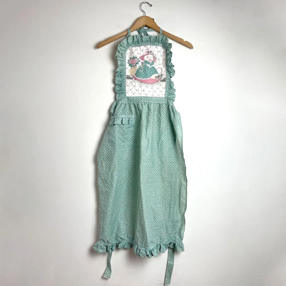 Vintage Cat Cottagecore Floral Ruffle Apron Teal Green Calico 80s Grandmacore